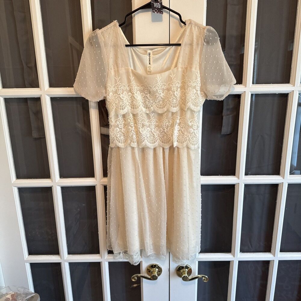 Ivory Layered Lace Bodice Swiss Clipped Dot Skirt Lined Square Neck Dress L NWT